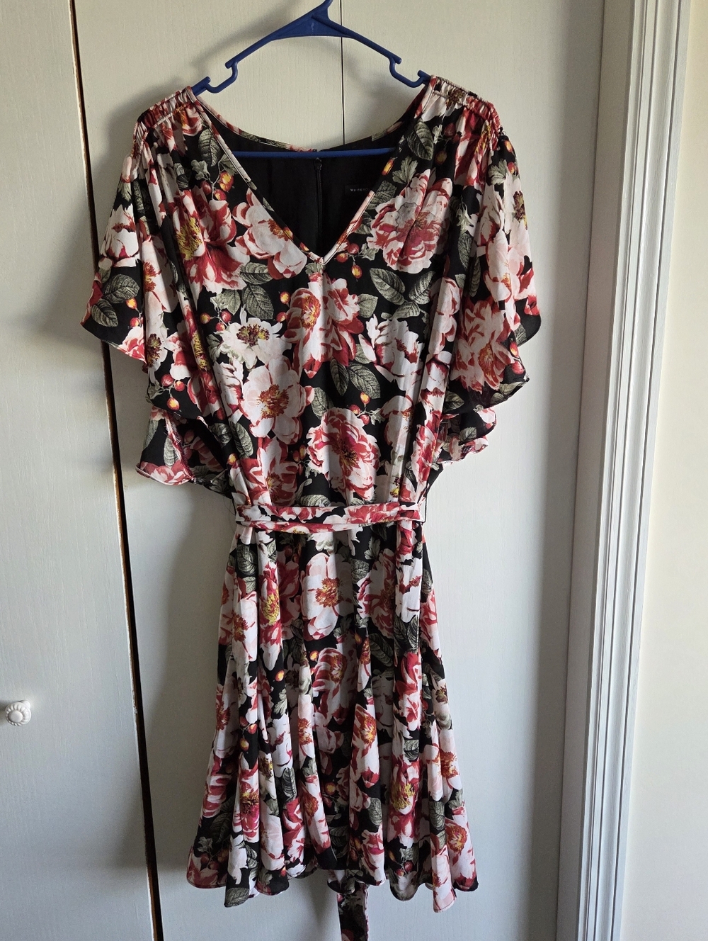 White House Black Market Black Floral Mini Dress with Pink and White Blooms